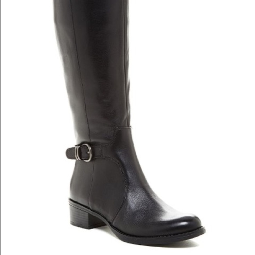 Franco Sarto Black Cecily Leather Buckle Details High Riding Boot Size 6.5